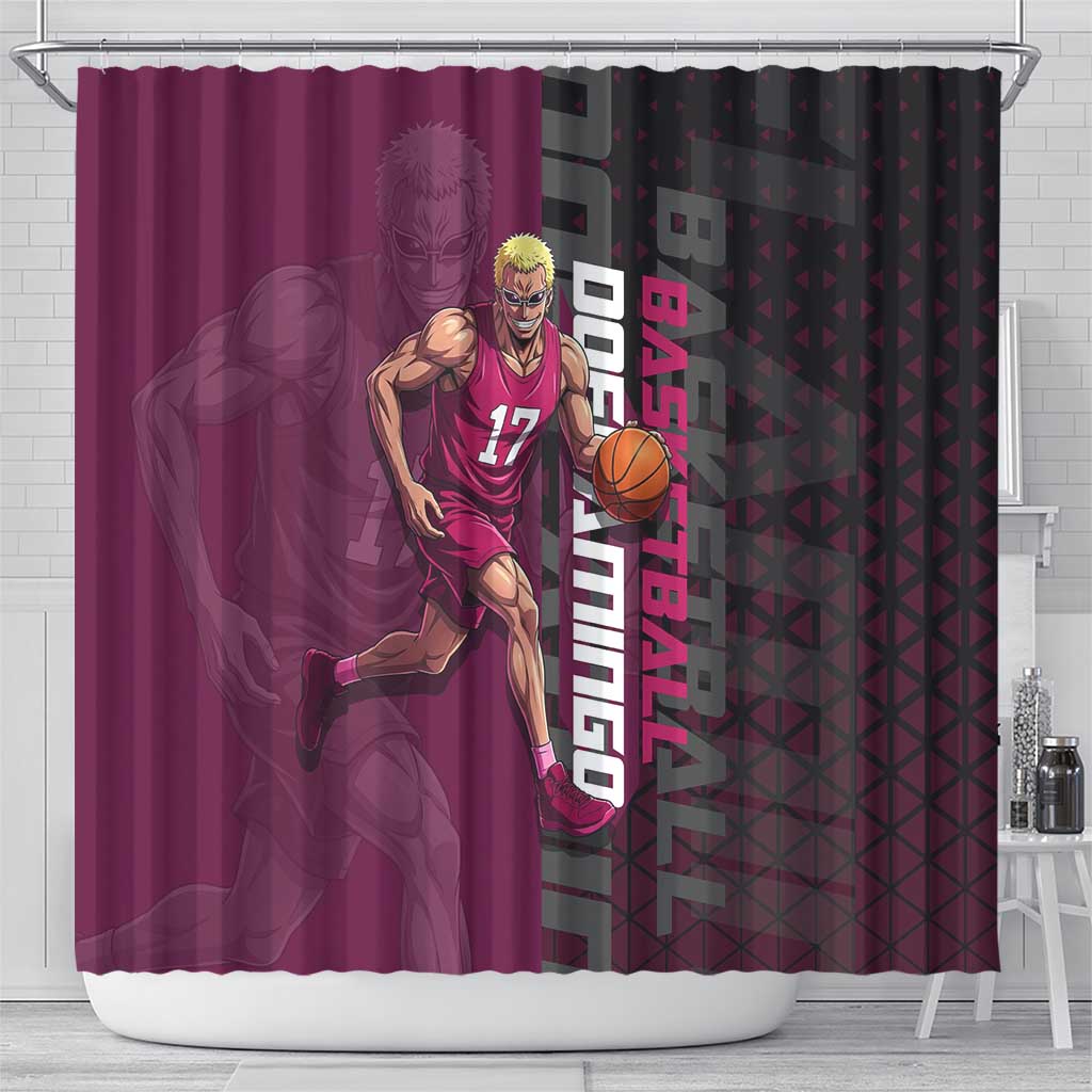 Donquixote Doflamingo One Piece Basketball Theme Maroon and Black Design Shower Curtain with Smiling Emblem and Aggressive Pose - The Mazicc