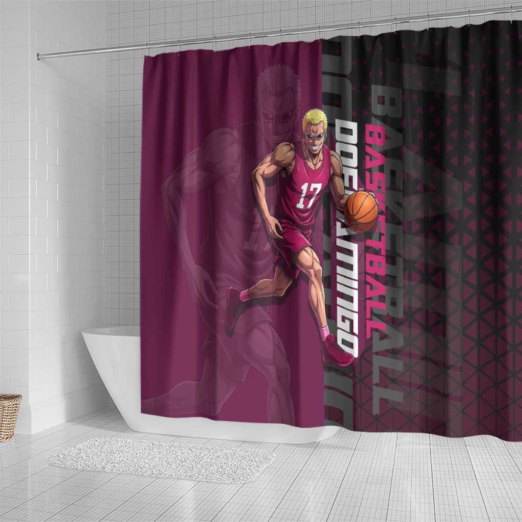 Donquixote Doflamingo One Piece Basketball Theme Maroon and Black Design Shower Curtain with Smiling Emblem and Aggressive Pose - The Mazicc