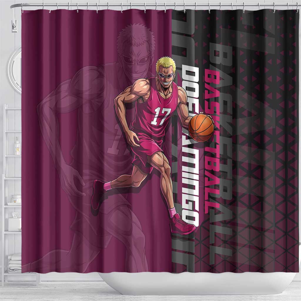 Donquixote Doflamingo One Piece Basketball Theme Maroon and Black Design Shower Curtain with Smiling Emblem and Aggressive Pose - The Mazicc