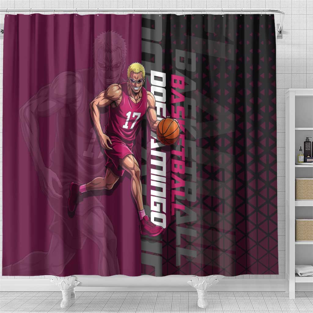 Donquixote Doflamingo One Piece Basketball Theme Maroon and Black Design Shower Curtain with Smiling Emblem and Aggressive Pose - The Mazicc