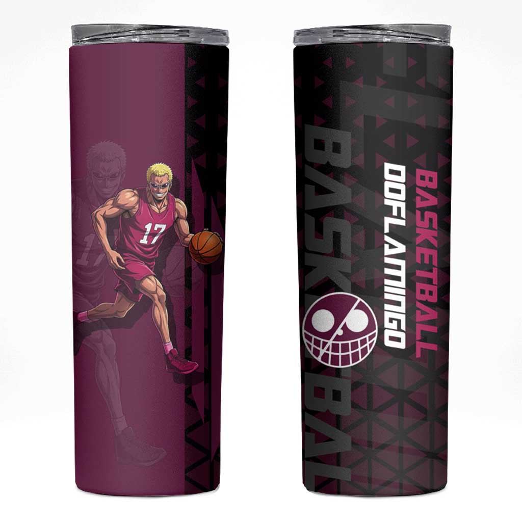 Donquixote Doflamingo One Piece Basketball Theme Maroon and Black Design Skinny Tumbler with Smiling Emblem and Aggressive Pose - The Mazicc