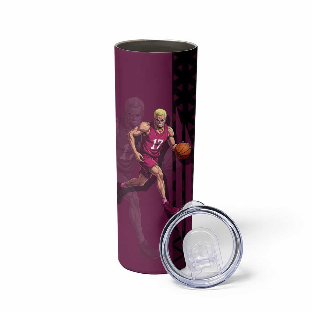 Donquixote Doflamingo One Piece Basketball Theme Maroon and Black Design Skinny Tumbler with Smiling Emblem and Aggressive Pose - The Mazicc