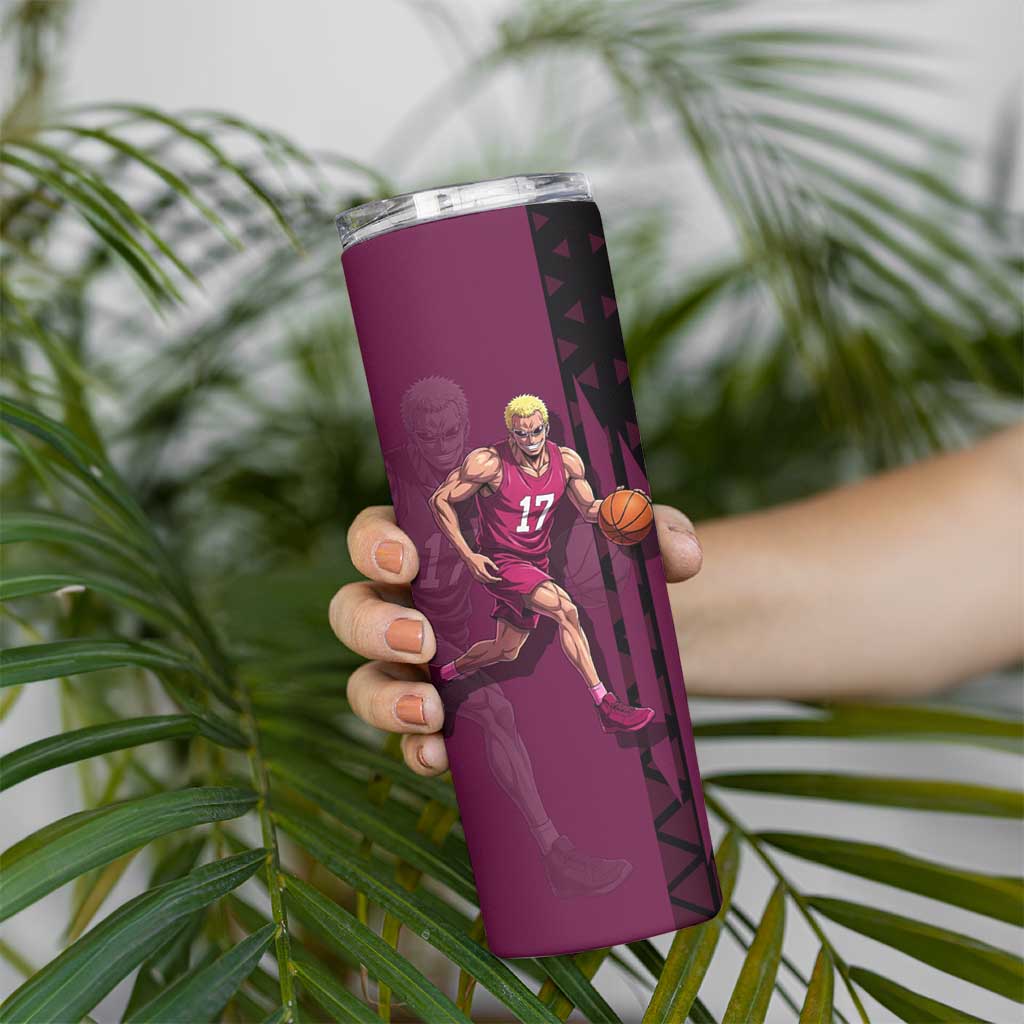 Donquixote Doflamingo One Piece Basketball Theme Maroon and Black Design Skinny Tumbler with Smiling Emblem and Aggressive Pose - The Mazicc