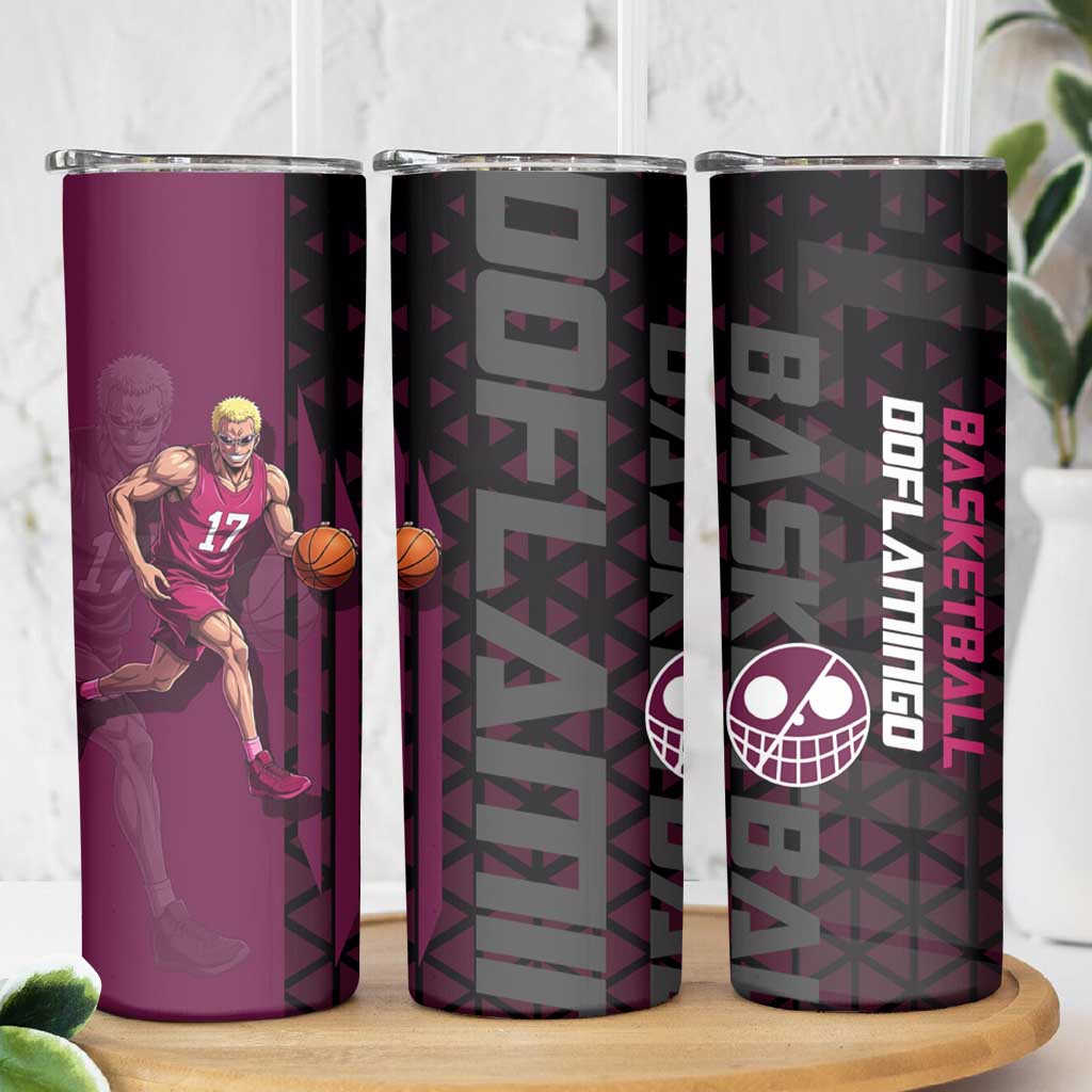 Donquixote Doflamingo One Piece Basketball Theme Maroon and Black Design Skinny Tumbler with Smiling Emblem and Aggressive Pose - The Mazicc