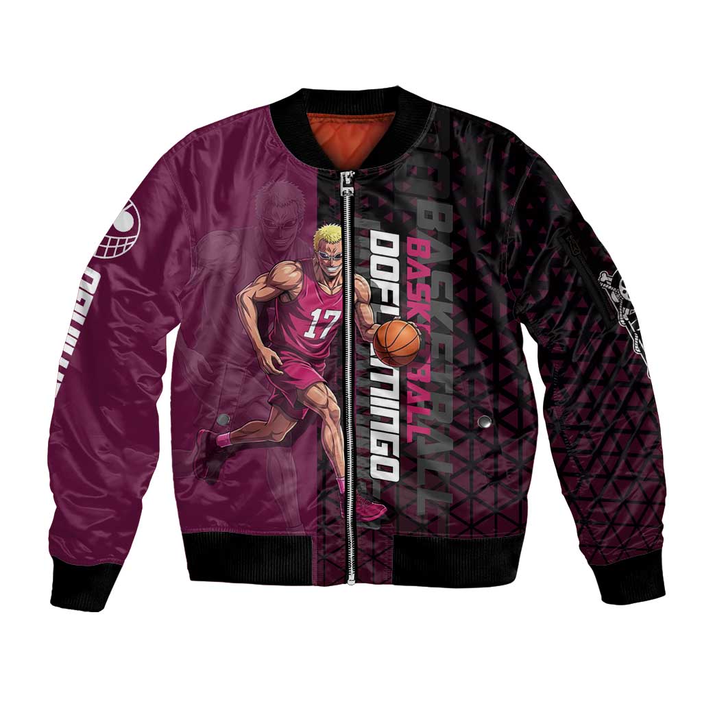 Donquixote Doflamingo One Piece Basketball Theme Maroon and Black Design Sleeve Zip Bomber Jacket with Smiling Emblem and Aggressive Pose - The Mazicc