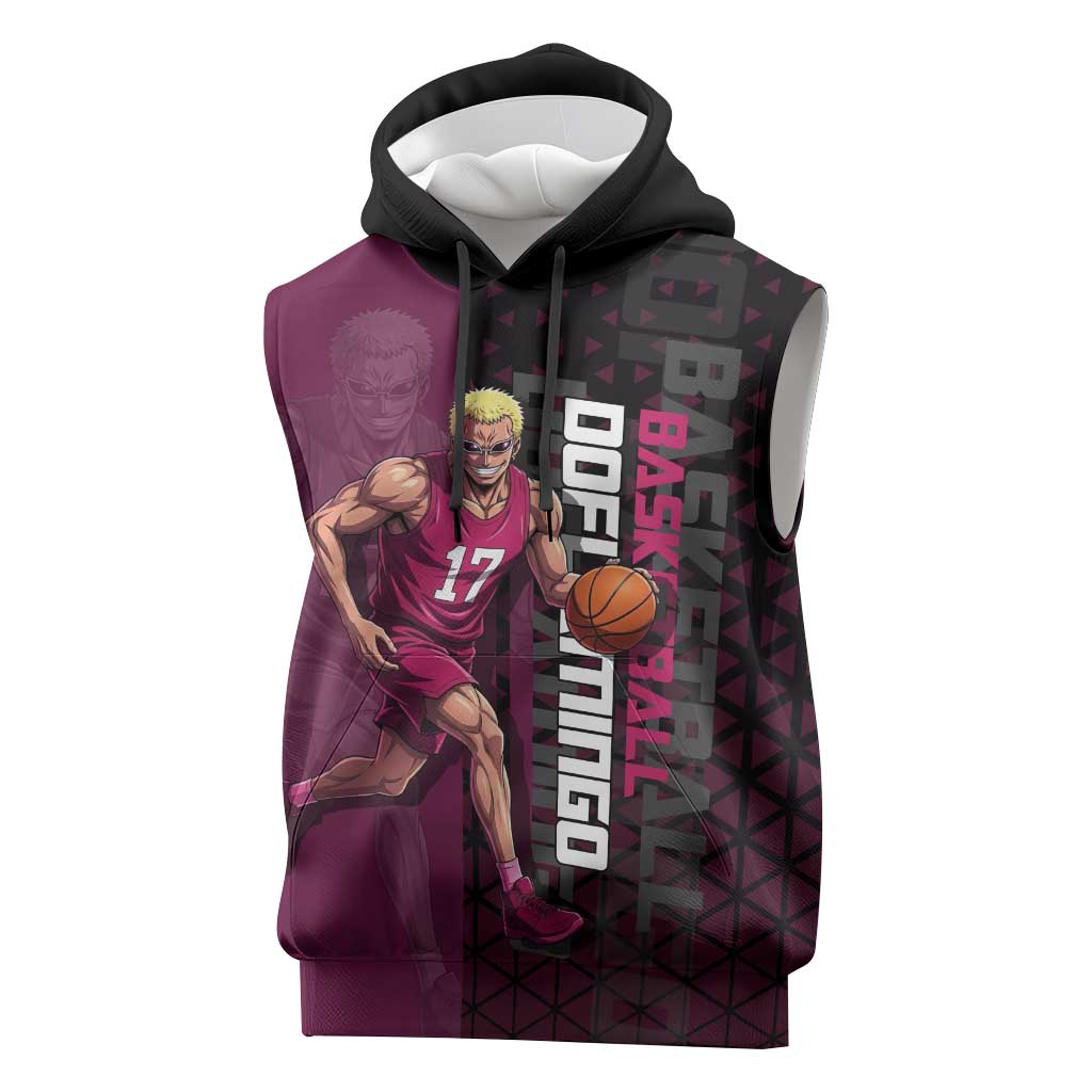 Donquixote Doflamingo One Piece Basketball Theme Maroon and Black Design Sleeveless Hoodie with Smiling Emblem and Aggressive Pose - The Mazicc