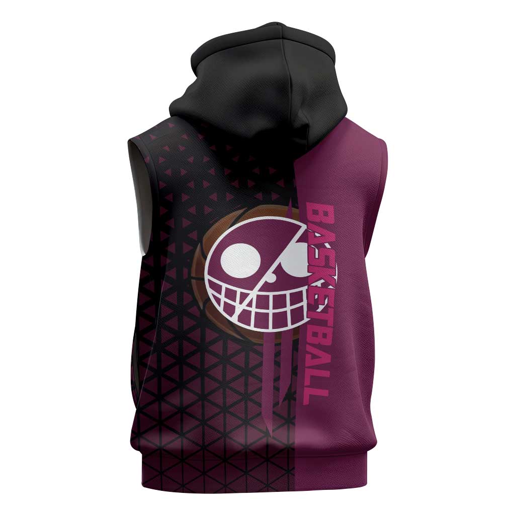 Donquixote Doflamingo One Piece Basketball Theme Maroon and Black Design Sleeveless Hoodie with Smiling Emblem and Aggressive Pose - The Mazicc