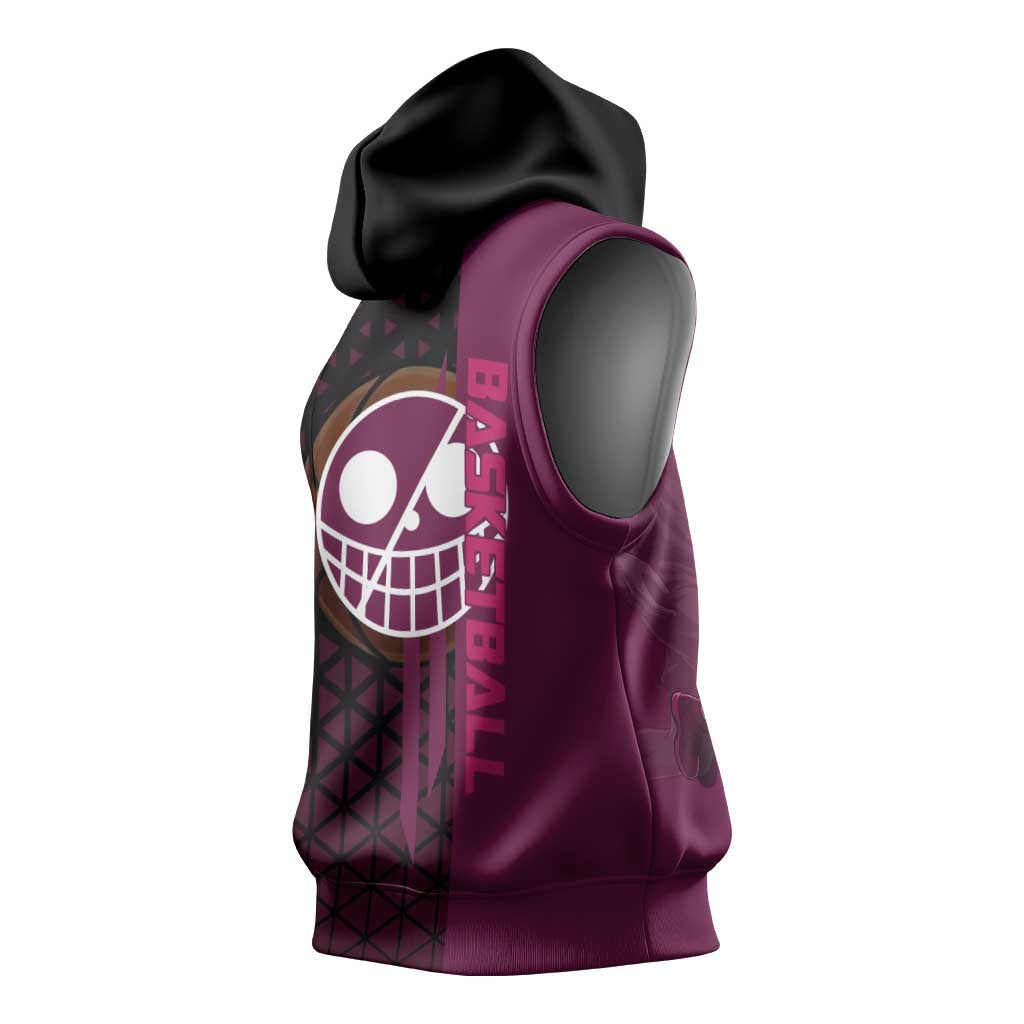 Donquixote Doflamingo One Piece Basketball Theme Maroon and Black Design Sleeveless Hoodie with Smiling Emblem and Aggressive Pose - The Mazicc