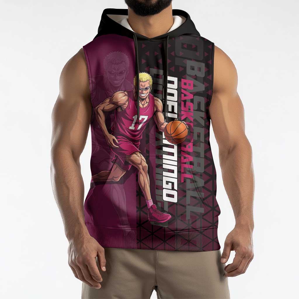 Donquixote Doflamingo One Piece Basketball Theme Maroon and Black Design Sleeveless Hoodie with Smiling Emblem and Aggressive Pose - The Mazicc