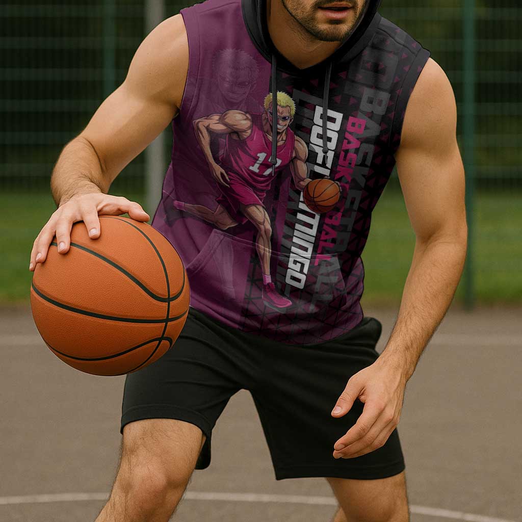 Donquixote Doflamingo One Piece Basketball Theme Maroon and Black Design Sleeveless Hoodie with Smiling Emblem and Aggressive Pose - The Mazicc