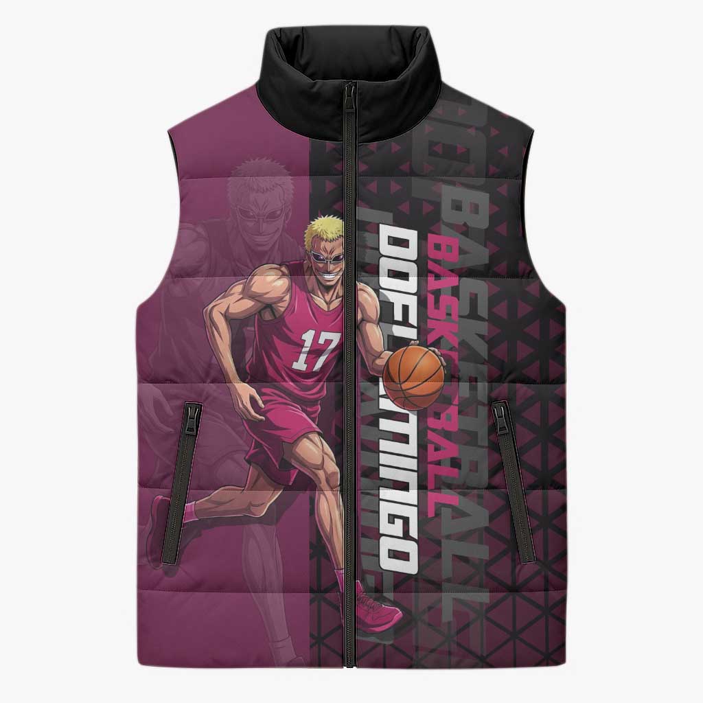 Donquixote Doflamingo One Piece Basketball Theme Maroon and Black Design Sleeveless Puffer Jacket with Smiling Emblem and Aggressive Pose - The Mazicc