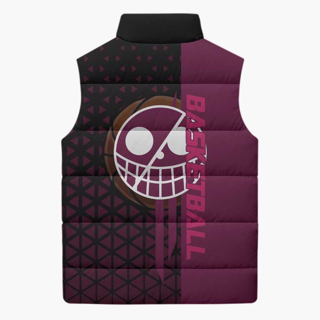 Donquixote Doflamingo One Piece Basketball Theme Maroon and Black Design Sleeveless Puffer Jacket with Smiling Emblem and Aggressive Pose - The Mazicc
