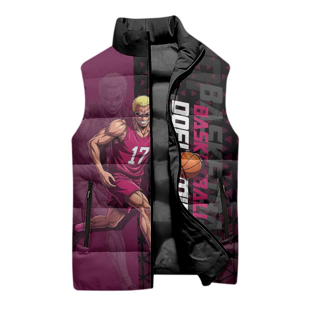 Donquixote Doflamingo One Piece Basketball Theme Maroon and Black Design Sleeveless Puffer Jacket with Smiling Emblem and Aggressive Pose - The Mazicc