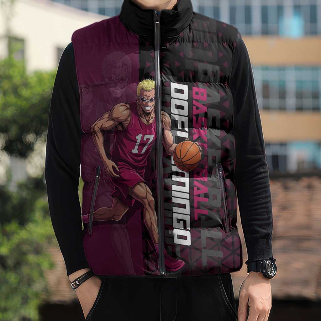 Donquixote Doflamingo One Piece Basketball Theme Maroon and Black Design Sleeveless Puffer Jacket with Smiling Emblem and Aggressive Pose - The Mazicc