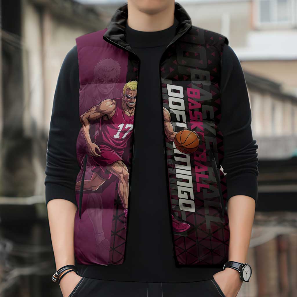 Donquixote Doflamingo One Piece Basketball Theme Maroon and Black Design Sleeveless Puffer Jacket with Smiling Emblem and Aggressive Pose - The Mazicc