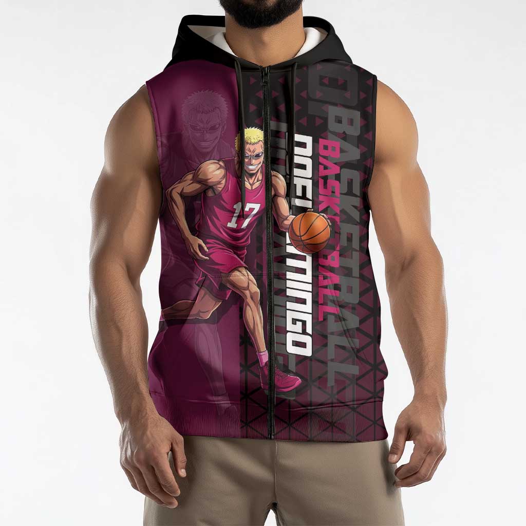 Donquixote Doflamingo One Piece Basketball Theme Maroon and Black Design Sleeveless Zip Hoodie with Smiling Emblem and Aggressive Pose - The Mazicc