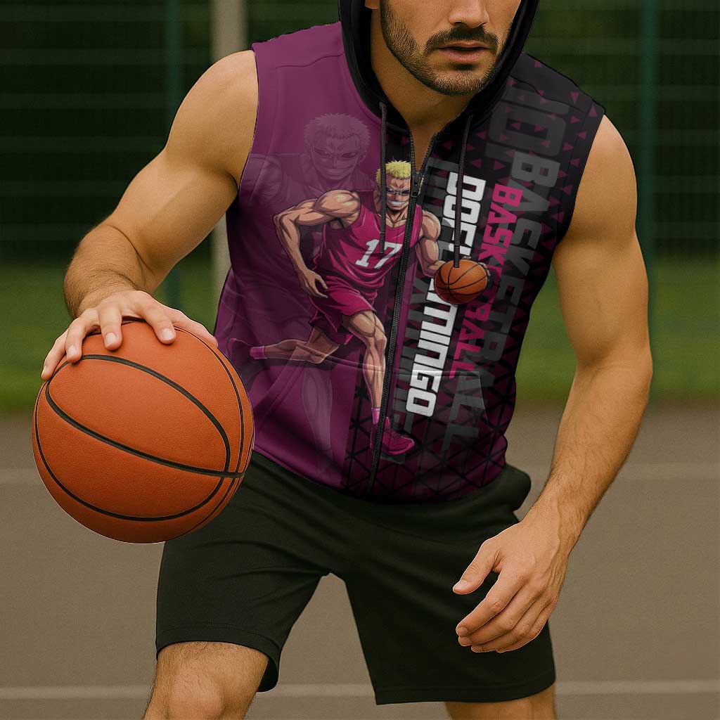 Donquixote Doflamingo One Piece Basketball Theme Maroon and Black Design Sleeveless Zip Hoodie with Smiling Emblem and Aggressive Pose - The Mazicc