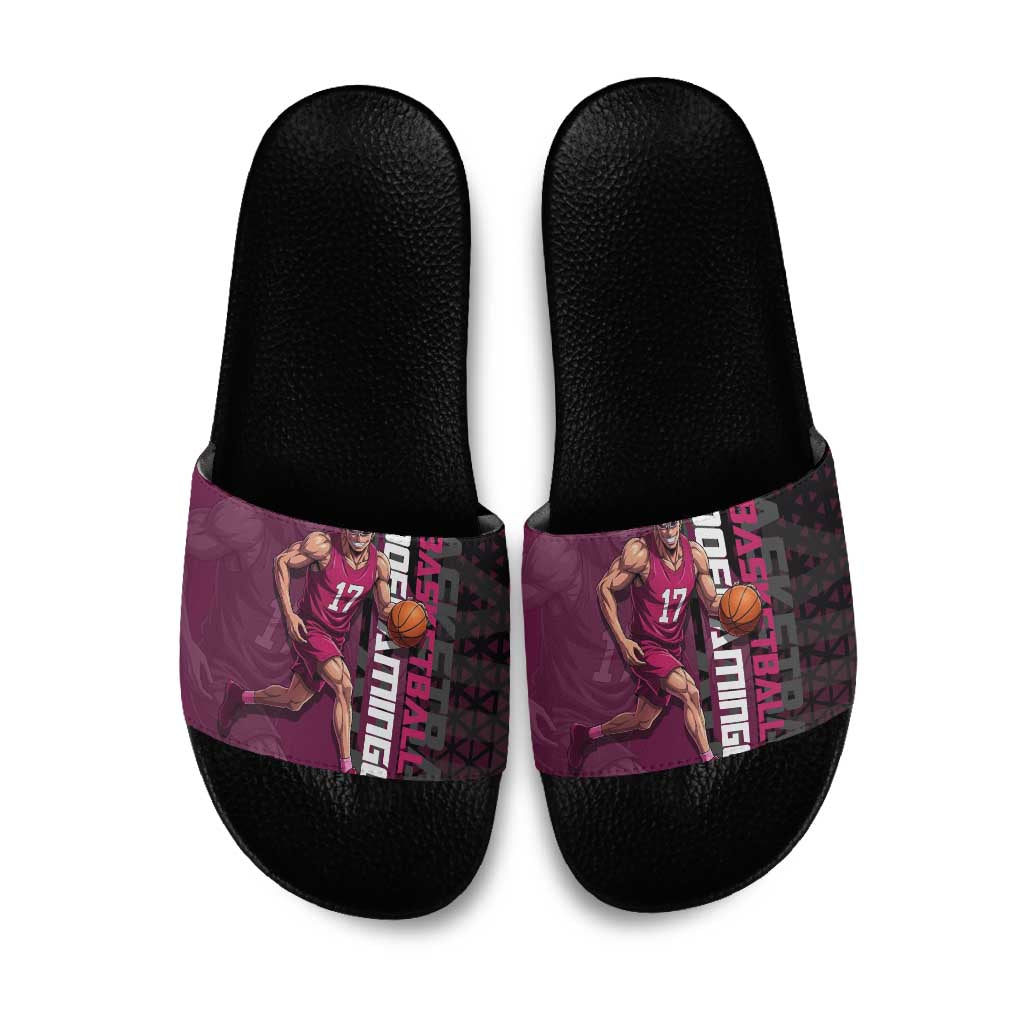 Donquixote Doflamingo One Piece Basketball Theme Maroon and Black Design Slide Sandals with Smiling Emblem and Aggressive Pose - The Mazicc