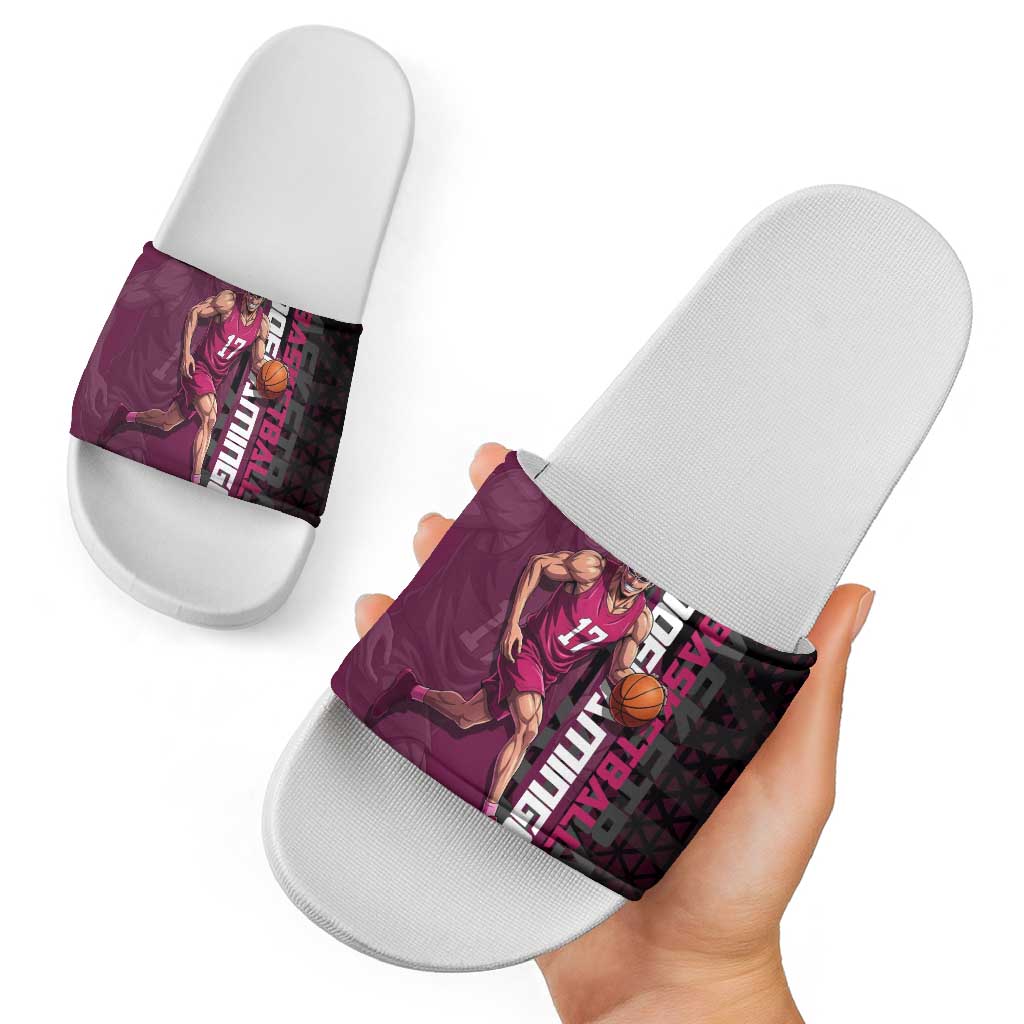 Donquixote Doflamingo One Piece Basketball Theme Maroon and Black Design Slide Sandals with Smiling Emblem and Aggressive Pose - The Mazicc