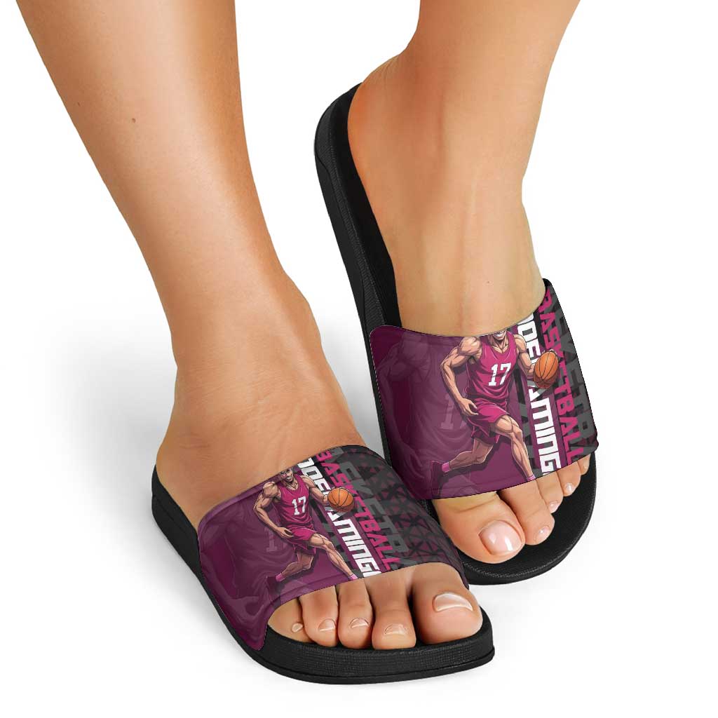 Donquixote Doflamingo One Piece Basketball Theme Maroon and Black Design Slide Sandals with Smiling Emblem and Aggressive Pose - The Mazicc
