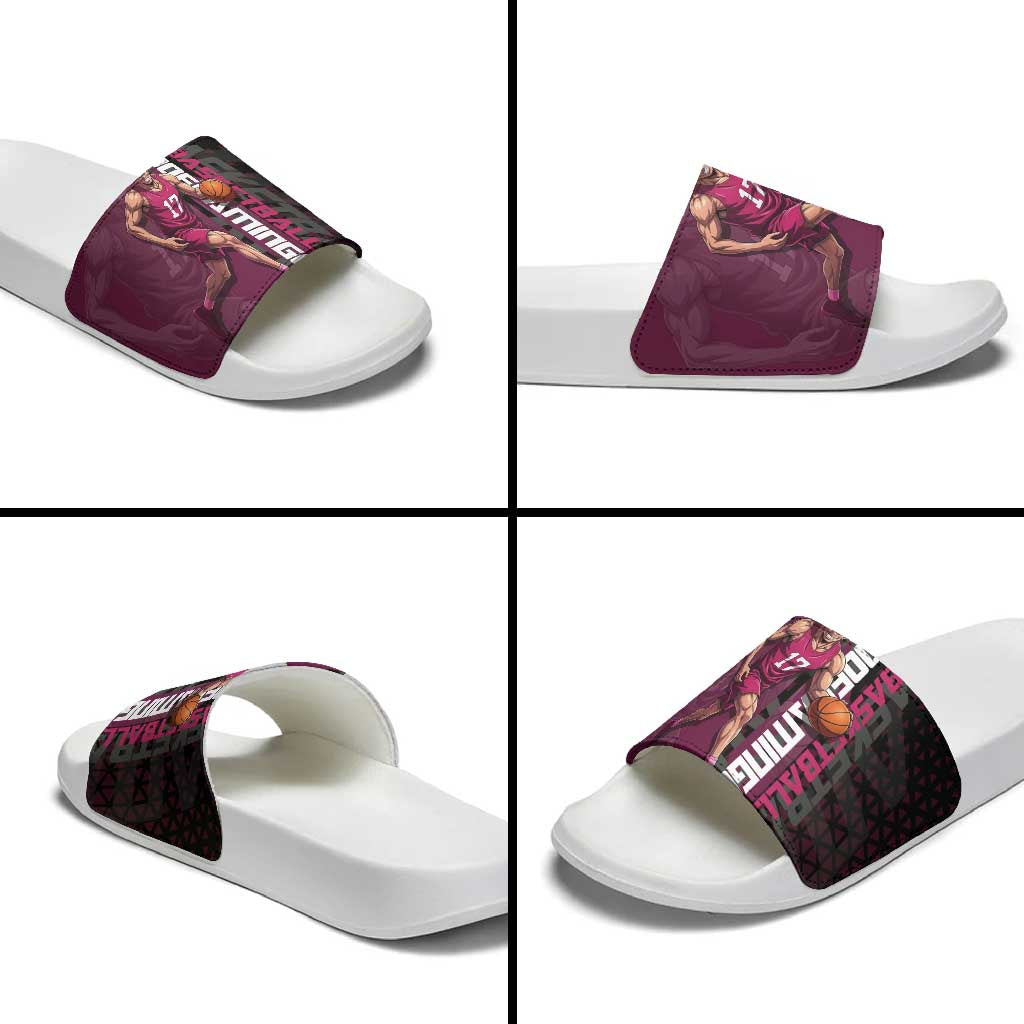 Donquixote Doflamingo One Piece Basketball Theme Maroon and Black Design Slide Sandals with Smiling Emblem and Aggressive Pose - The Mazicc