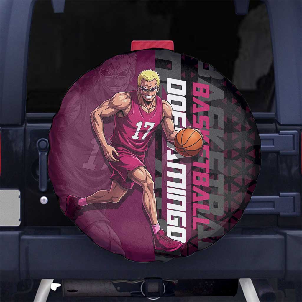 Donquixote Doflamingo One Piece Basketball Theme Maroon and Black Design Spare Tire Cover with Smiling Emblem and Aggressive Pose - The Mazicc