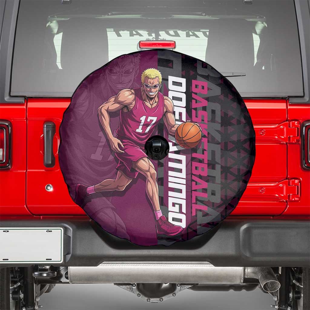 Donquixote Doflamingo One Piece Basketball Theme Maroon and Black Design Spare Tire Cover with Smiling Emblem and Aggressive Pose - The Mazicc