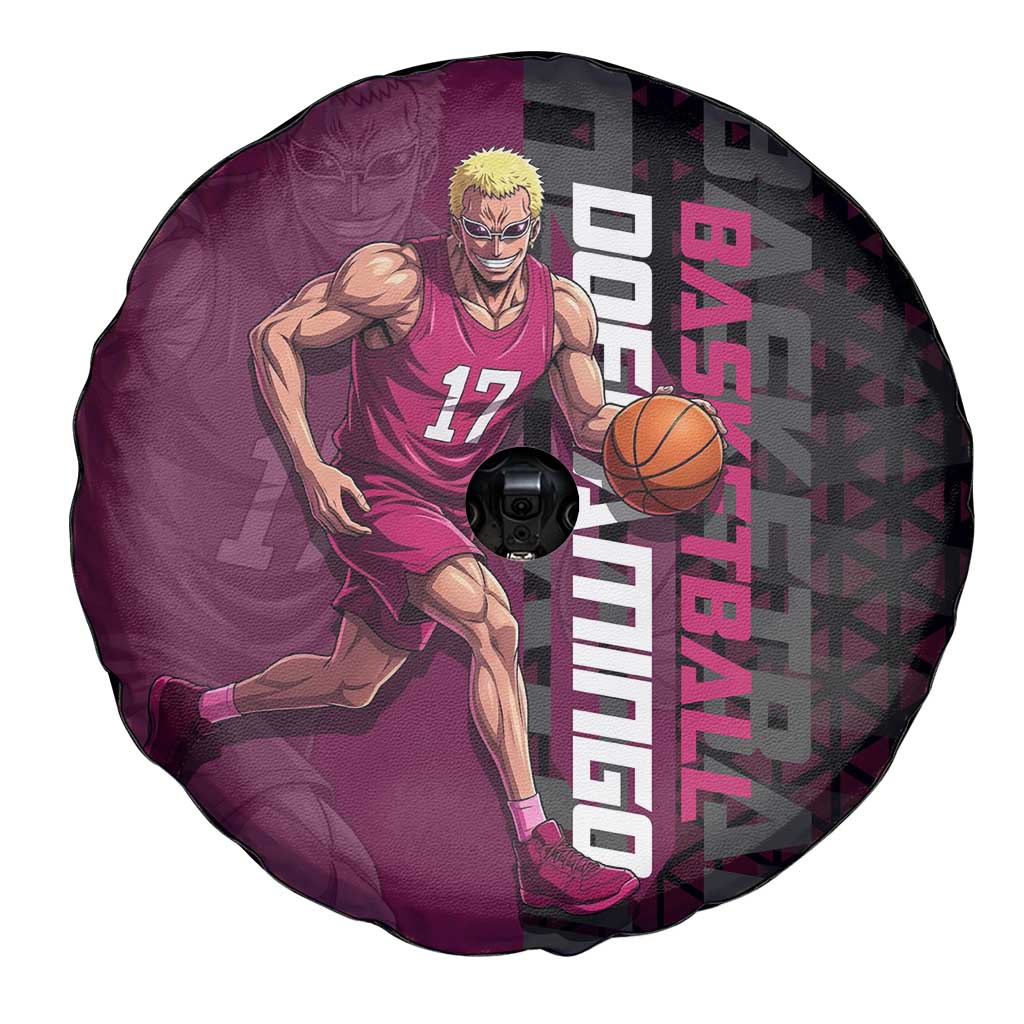 Donquixote Doflamingo One Piece Basketball Theme Maroon and Black Design Spare Tire Cover with Smiling Emblem and Aggressive Pose - The Mazicc