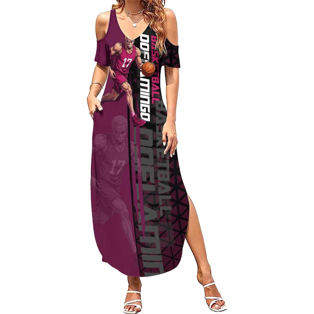 Donquixote Doflamingo One Piece Basketball Theme Maroon and Black Design Summer Maxi Dress with Smiling Emblem and Aggressive Pose - The Mazicc