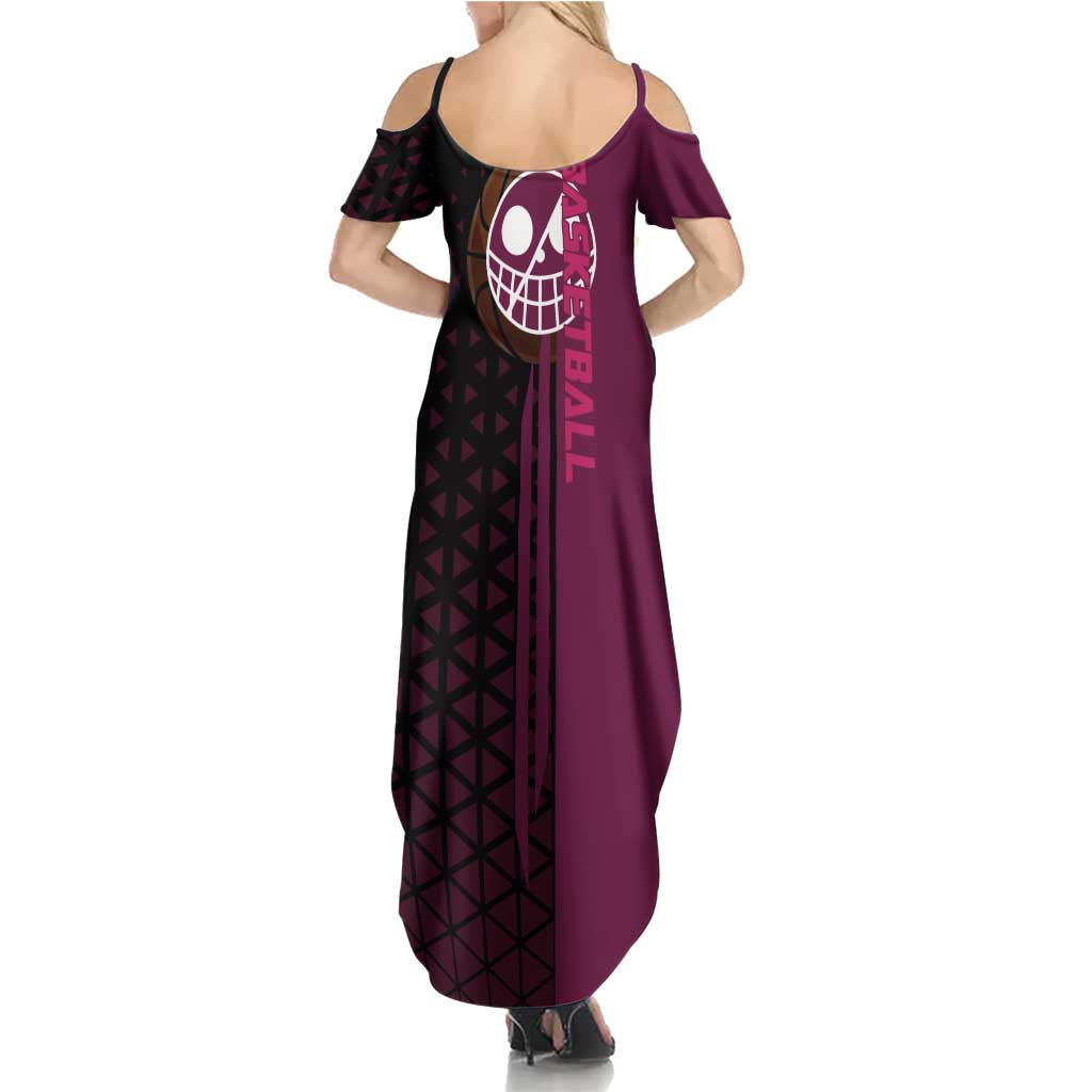 Donquixote Doflamingo One Piece Basketball Theme Maroon and Black Design Summer Maxi Dress with Smiling Emblem and Aggressive Pose - The Mazicc