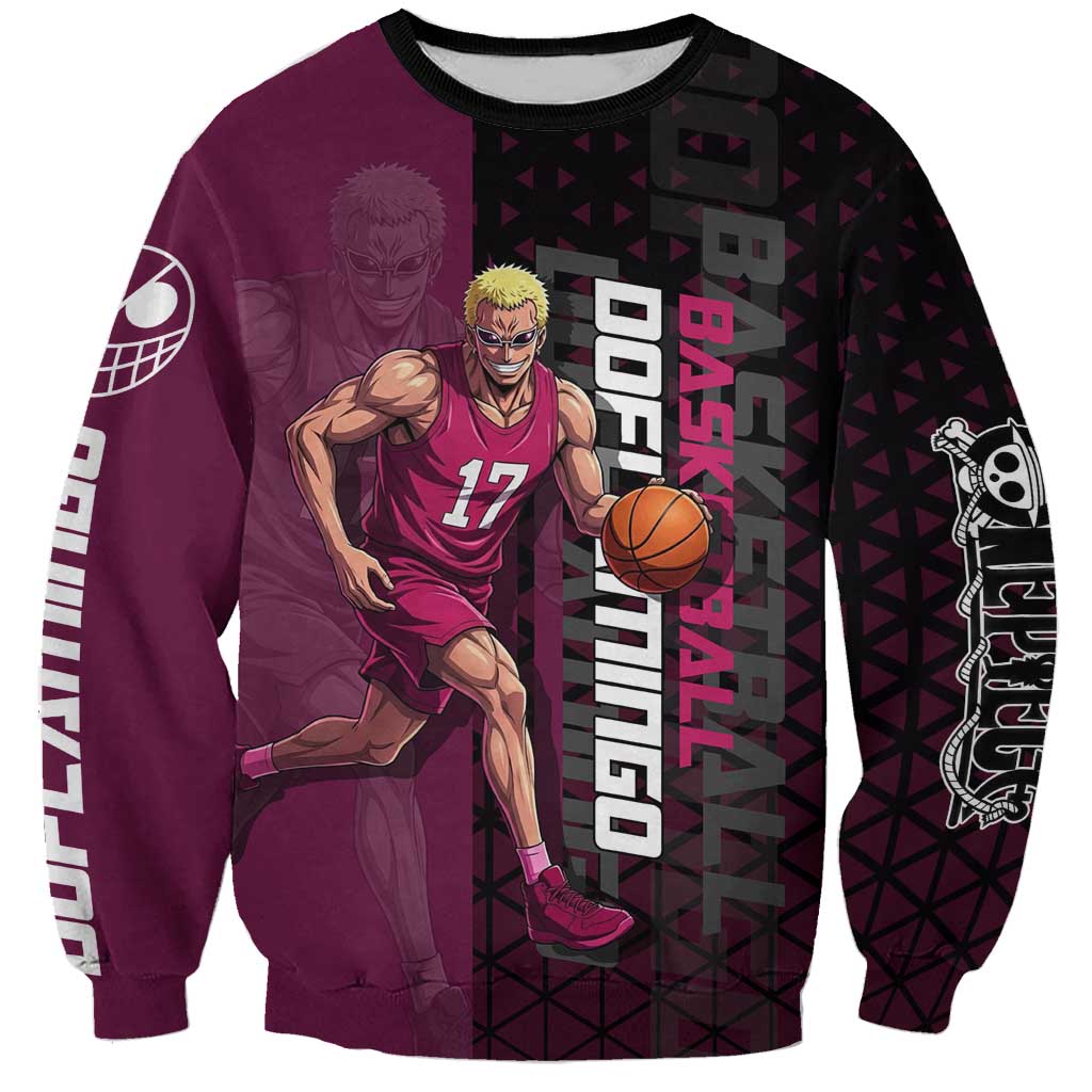 Donquixote Doflamingo One Piece Basketball Theme Maroon and Black Design Sweatshirt with Smiling Emblem and Aggressive Pose - The Mazicc