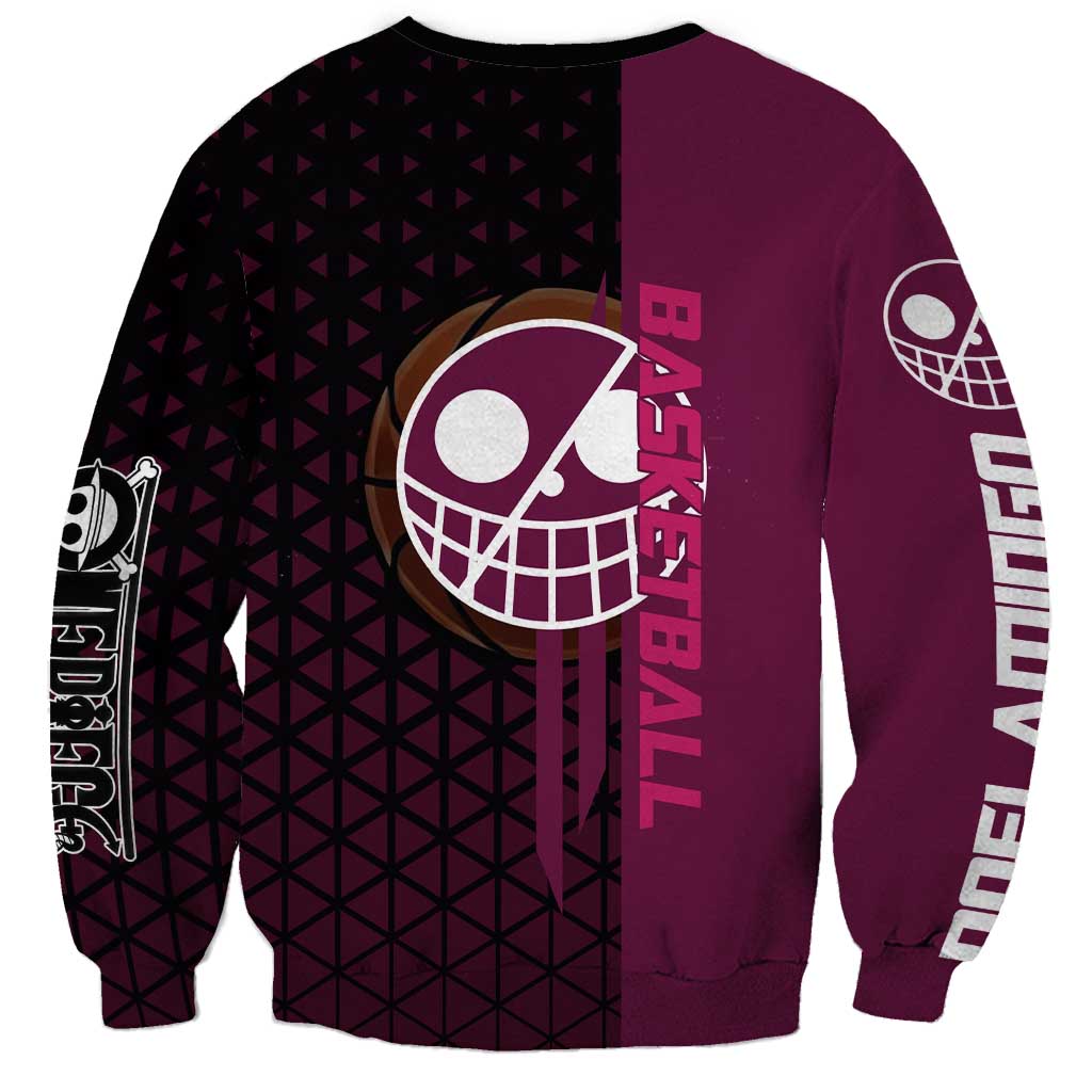 Donquixote Doflamingo One Piece Basketball Theme Maroon and Black Design Sweatshirt with Smiling Emblem and Aggressive Pose - The Mazicc