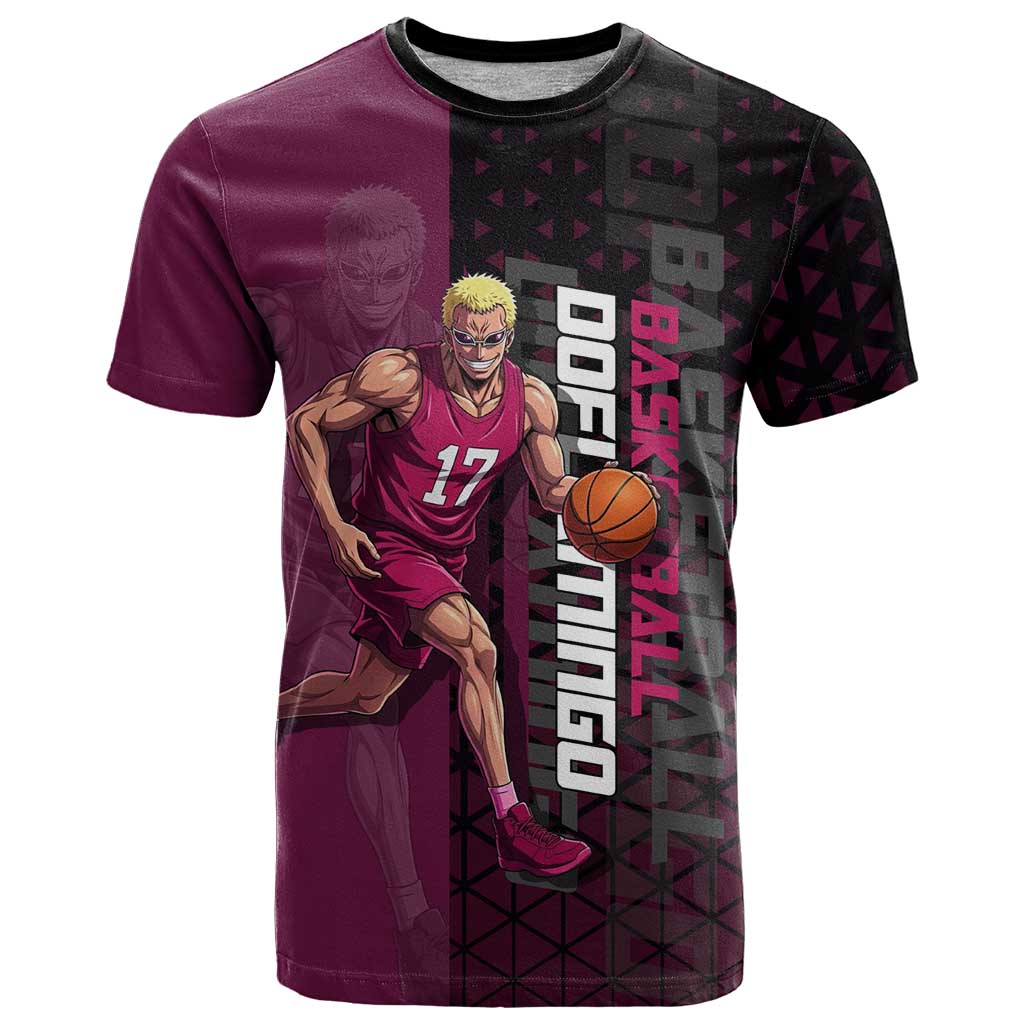 Donquixote Doflamingo One Piece Basketball Theme Maroon and Black Design T Shirt with Smiling Emblem and Aggressive Pose - The Mazicc