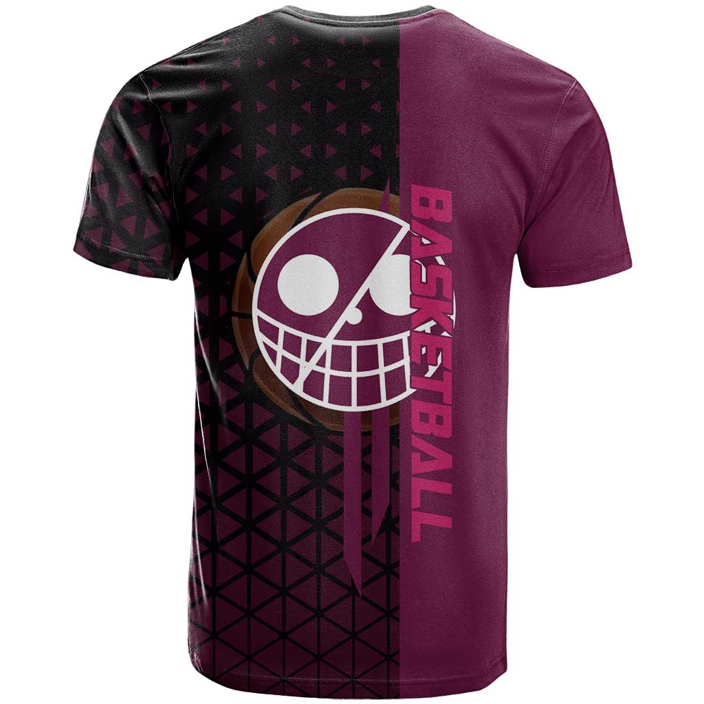 Donquixote Doflamingo One Piece Basketball Theme Maroon and Black Design T Shirt with Smiling Emblem and Aggressive Pose - The Mazicc