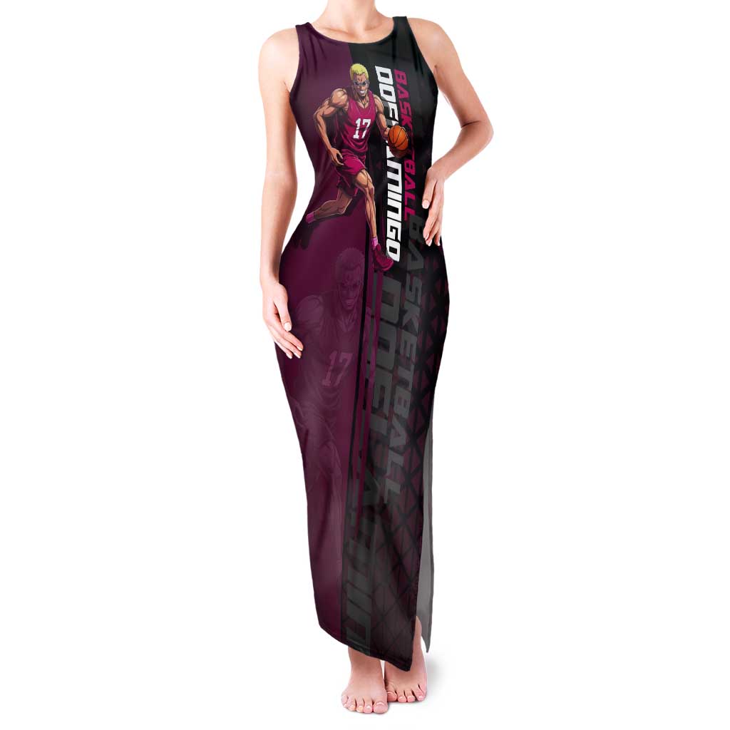 Donquixote Doflamingo One Piece Basketball Theme Maroon and Black Design Tank Maxi Dress with Smiling Emblem and Aggressive Pose - The Mazicc