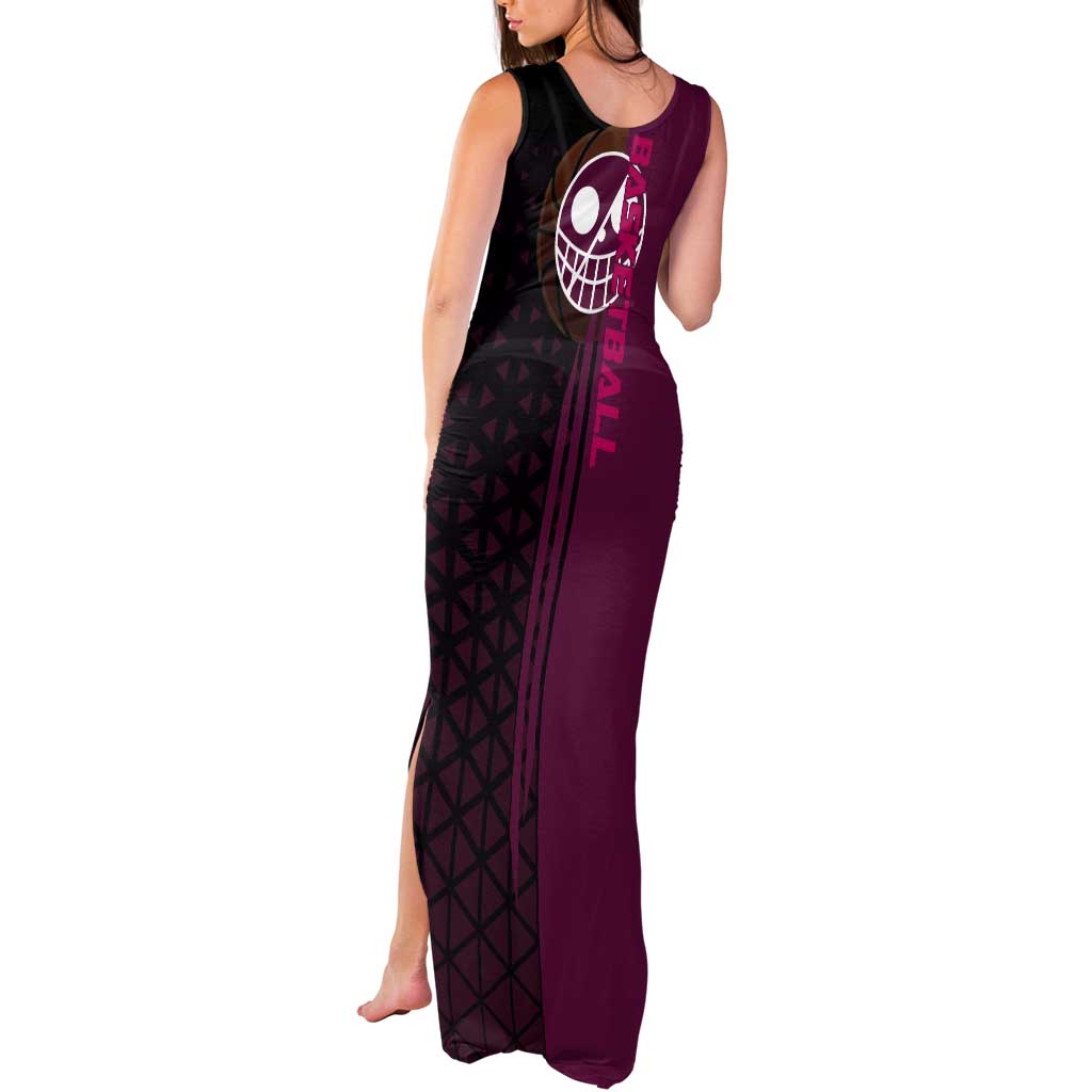 Donquixote Doflamingo One Piece Basketball Theme Maroon and Black Design Tank Maxi Dress with Smiling Emblem and Aggressive Pose - The Mazicc