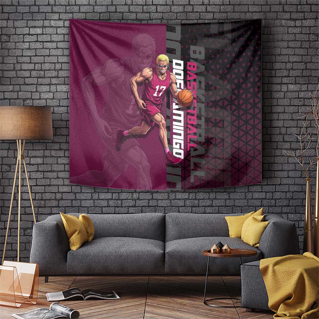 Donquixote Doflamingo One Piece Basketball Theme Maroon and Black Design Tapestry with Smiling Emblem and Aggressive Pose - The Mazicc