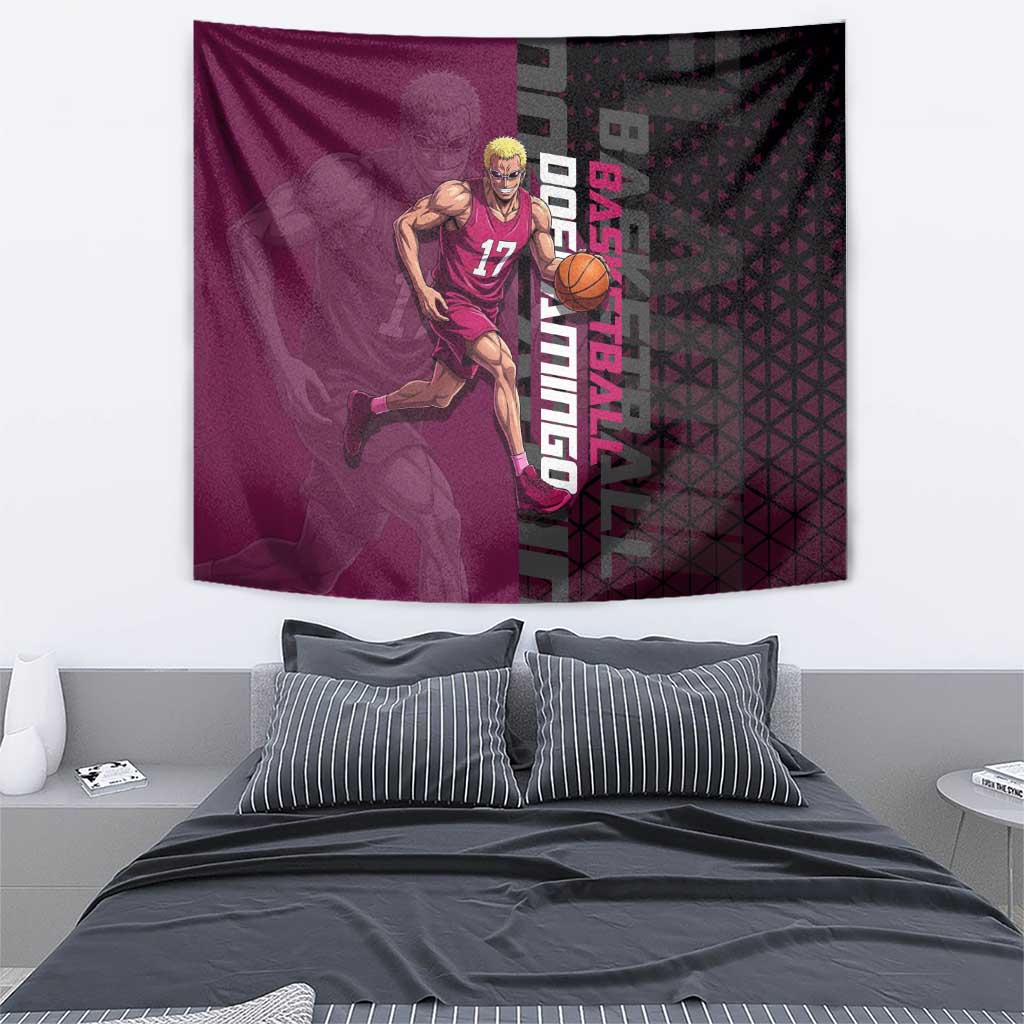 Donquixote Doflamingo One Piece Basketball Theme Maroon and Black Design Tapestry with Smiling Emblem and Aggressive Pose - The Mazicc
