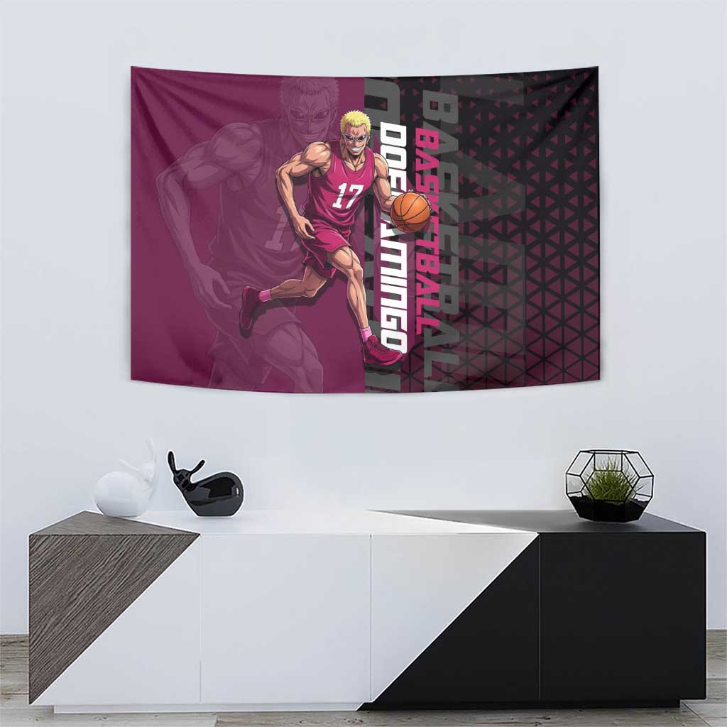 Donquixote Doflamingo One Piece Basketball Theme Maroon and Black Design Tapestry with Smiling Emblem and Aggressive Pose - The Mazicc