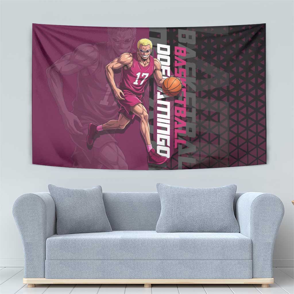 Donquixote Doflamingo One Piece Basketball Theme Maroon and Black Design Tapestry with Smiling Emblem and Aggressive Pose - The Mazicc