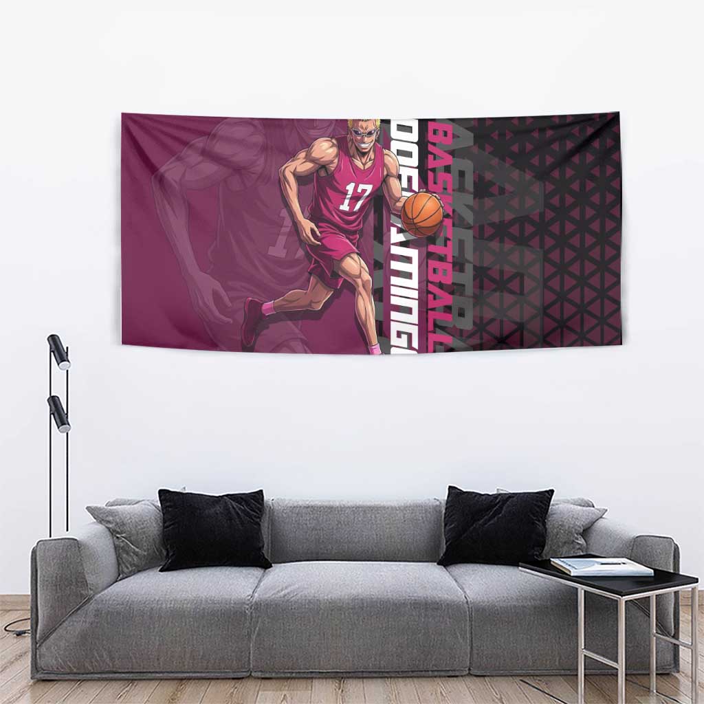 Donquixote Doflamingo One Piece Basketball Theme Maroon and Black Design Tapestry with Smiling Emblem and Aggressive Pose - The Mazicc