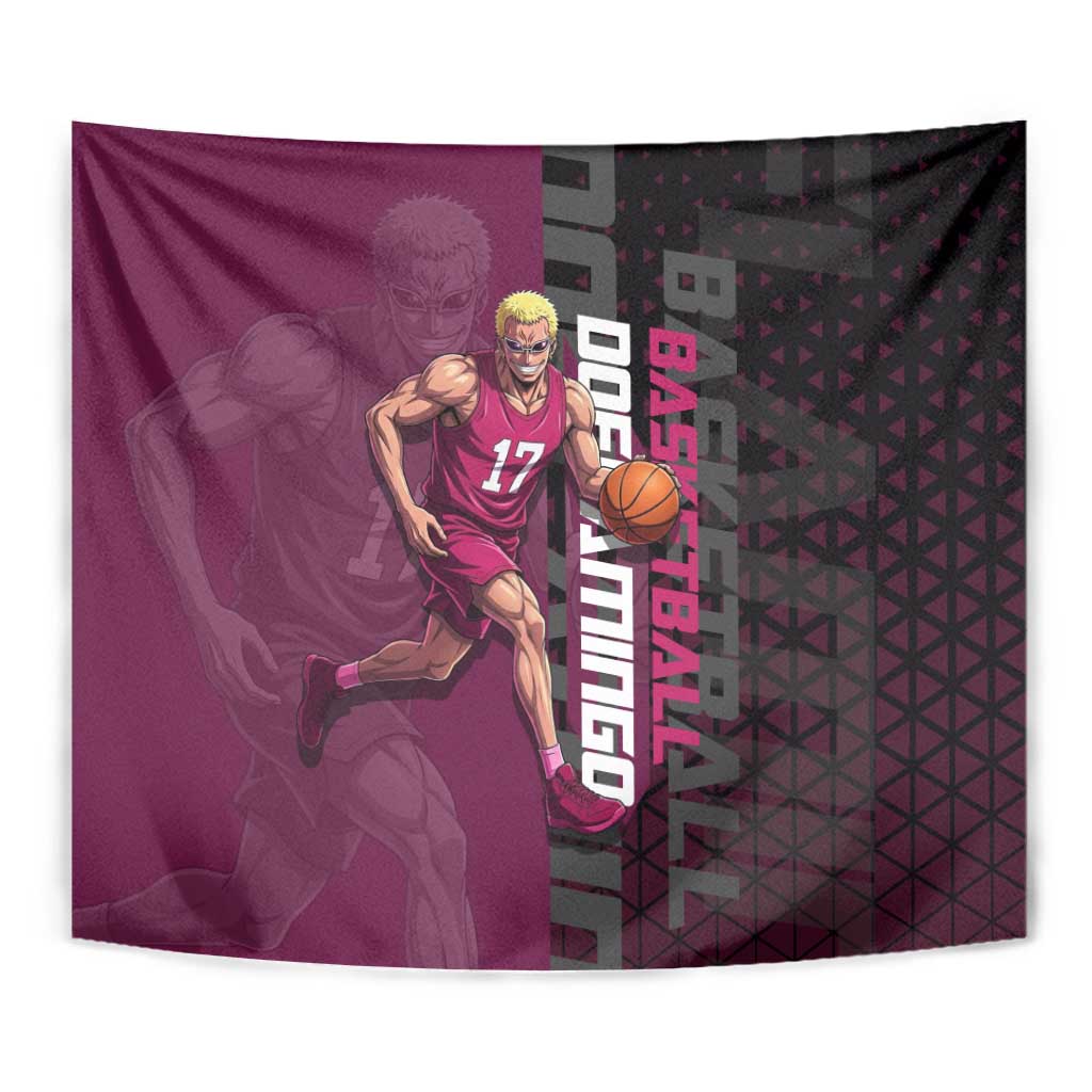 Donquixote Doflamingo One Piece Basketball Theme Maroon and Black Design Tapestry with Smiling Emblem and Aggressive Pose - The Mazicc