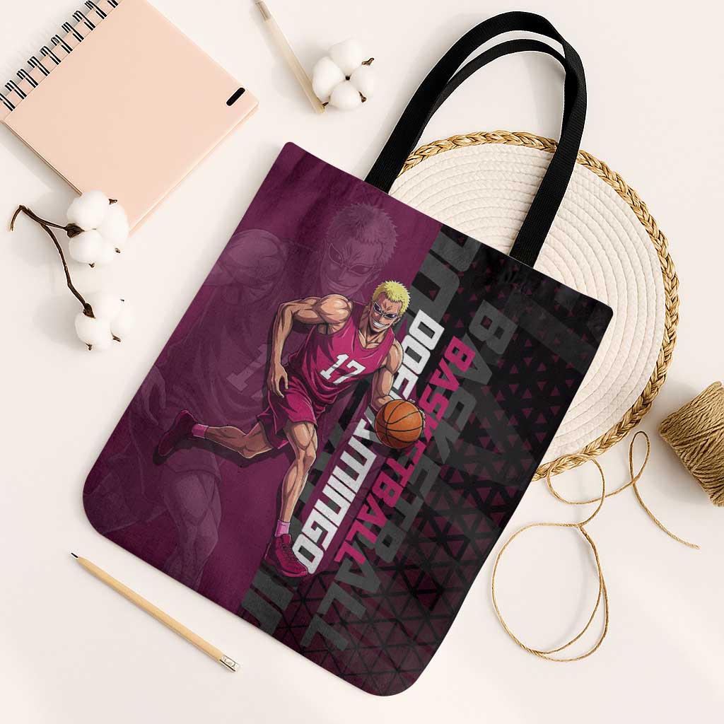 Donquixote Doflamingo One Piece Basketball Theme Maroon and Black Design Tote Bag with Smiling Emblem and Aggressive Pose - The Mazicc