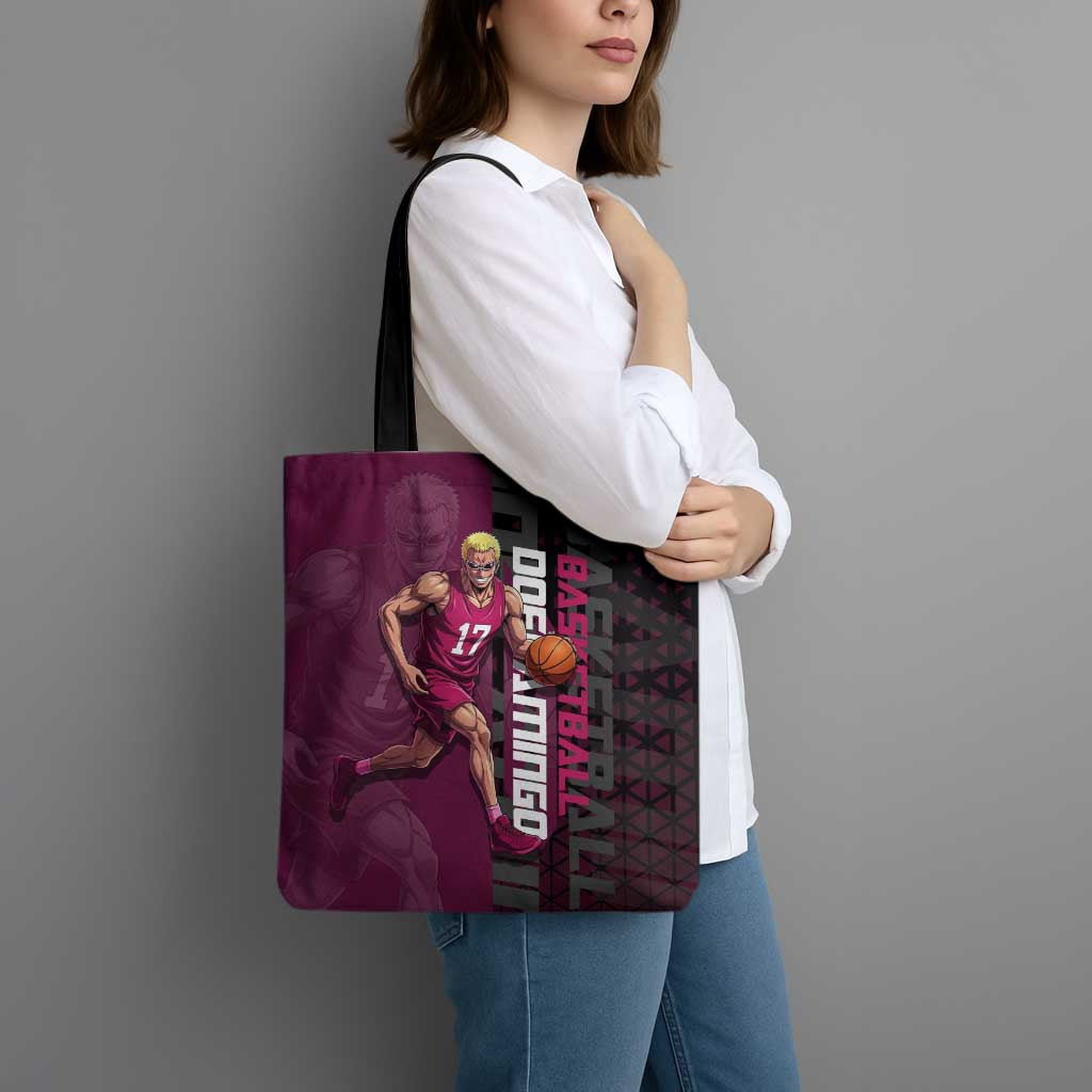 Donquixote Doflamingo One Piece Basketball Theme Maroon and Black Design Tote Bag with Smiling Emblem and Aggressive Pose - The Mazicc