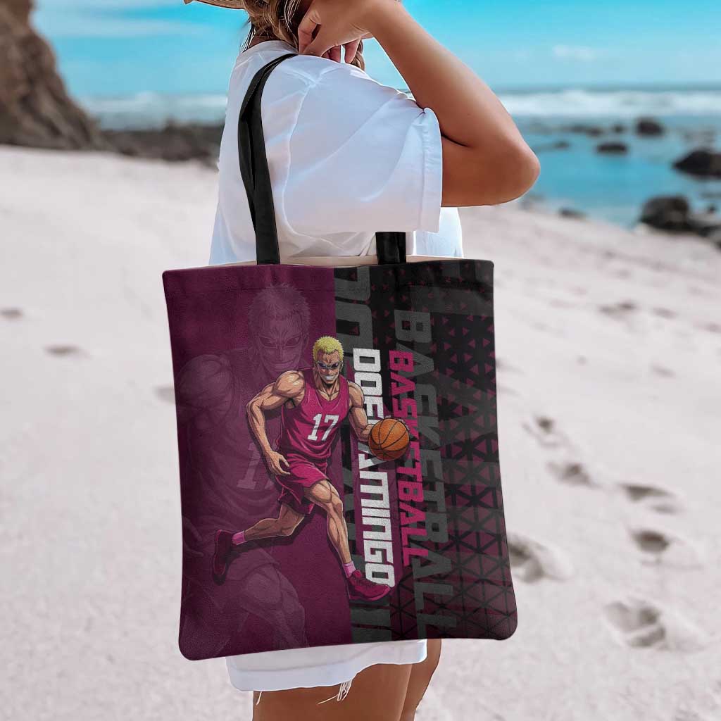 Donquixote Doflamingo One Piece Basketball Theme Maroon and Black Design Tote Bag with Smiling Emblem and Aggressive Pose - The Mazicc