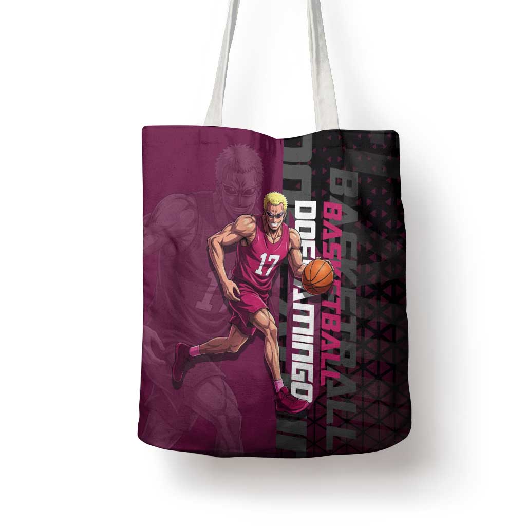 Donquixote Doflamingo One Piece Basketball Theme Maroon and Black Design Tote Bag with Smiling Emblem and Aggressive Pose - The Mazicc
