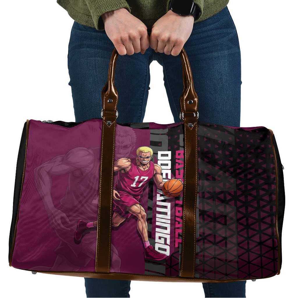 Donquixote Doflamingo One Piece Basketball Theme Maroon and Black Design Travel Bag with Smiling Emblem and Aggressive Pose - The Mazicc