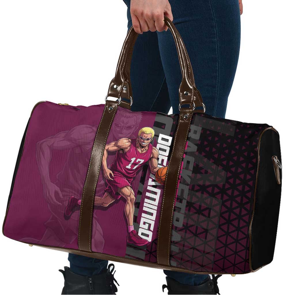 Donquixote Doflamingo One Piece Basketball Theme Maroon and Black Design Travel Bag with Smiling Emblem and Aggressive Pose - The Mazicc