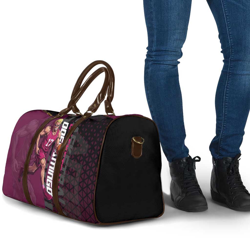 Donquixote Doflamingo One Piece Basketball Theme Maroon and Black Design Travel Bag with Smiling Emblem and Aggressive Pose - The Mazicc