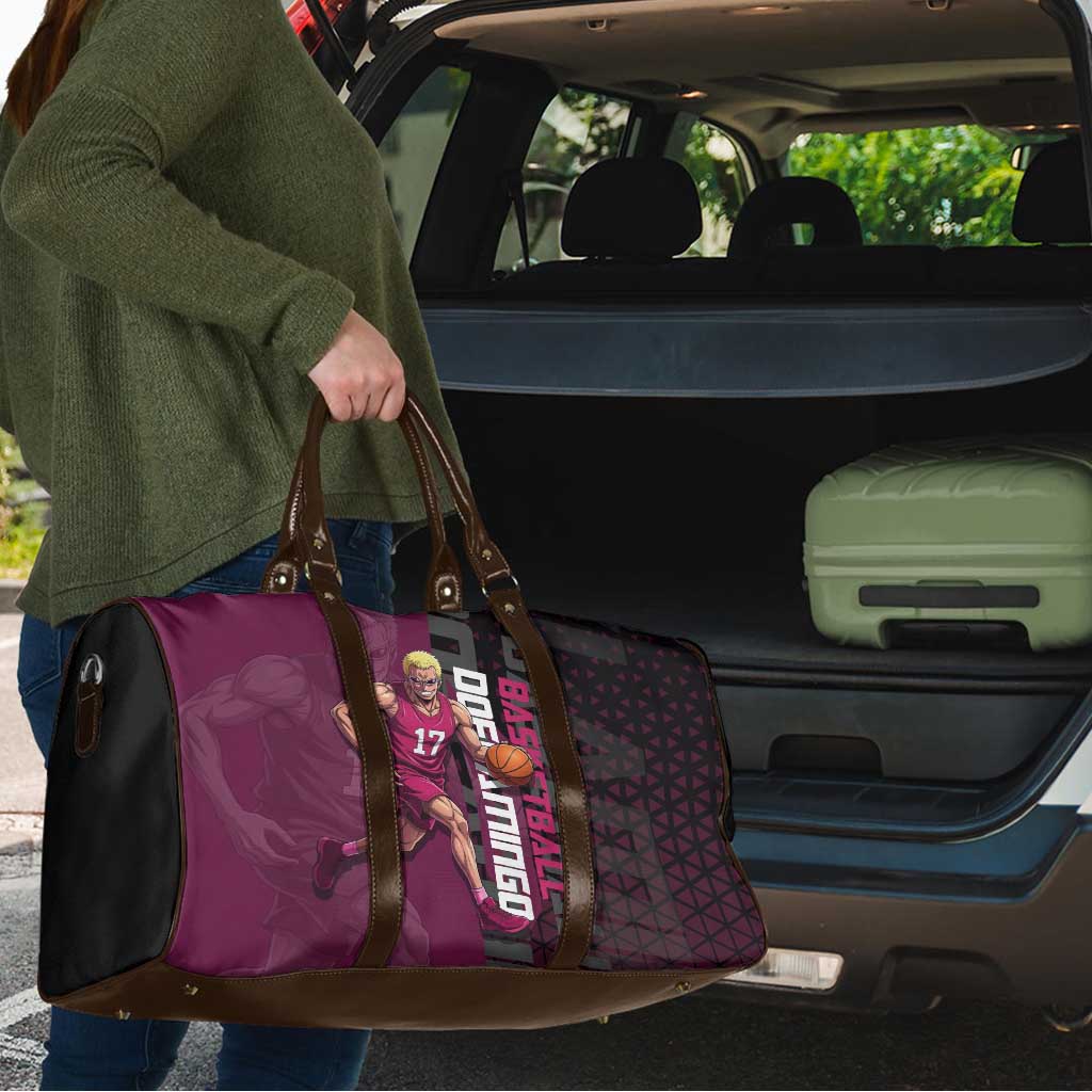 Donquixote Doflamingo One Piece Basketball Theme Maroon and Black Design Travel Bag with Smiling Emblem and Aggressive Pose - The Mazicc